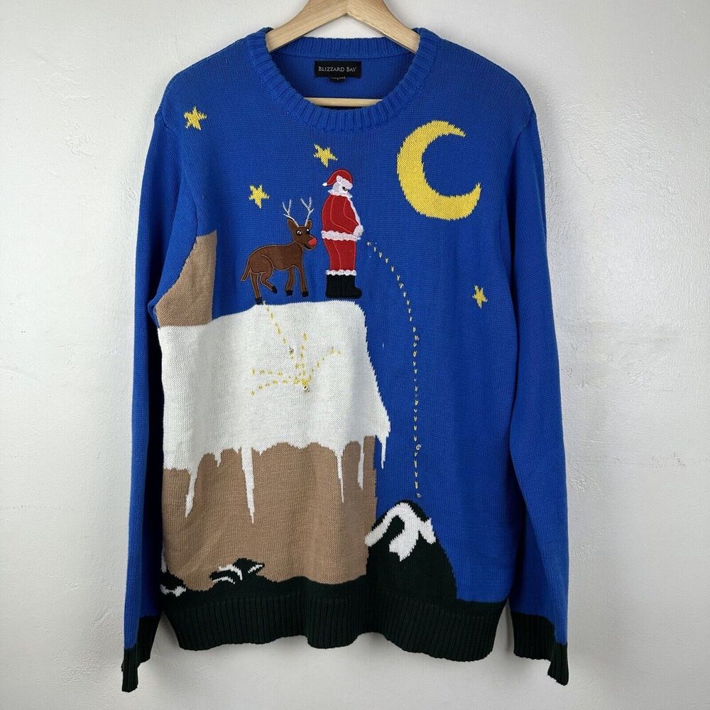 Blizzard Bay Funny Ugly Christmas‎ Pullover Sweater Santa Men's Size Large Blue